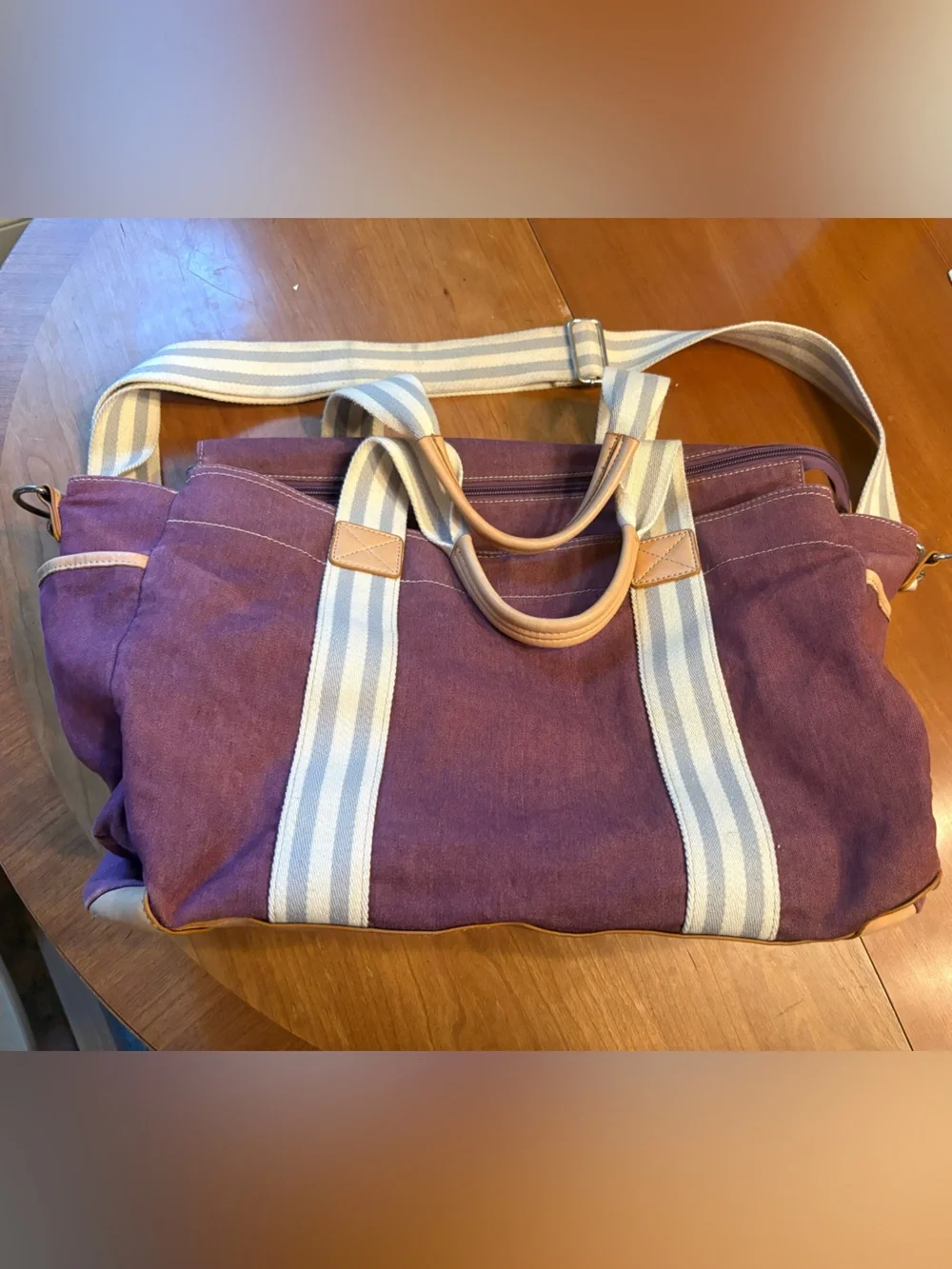 Pottery Barn Kids Light Purple/Plum Canvas Baby Bag with Navy Stripe Lining